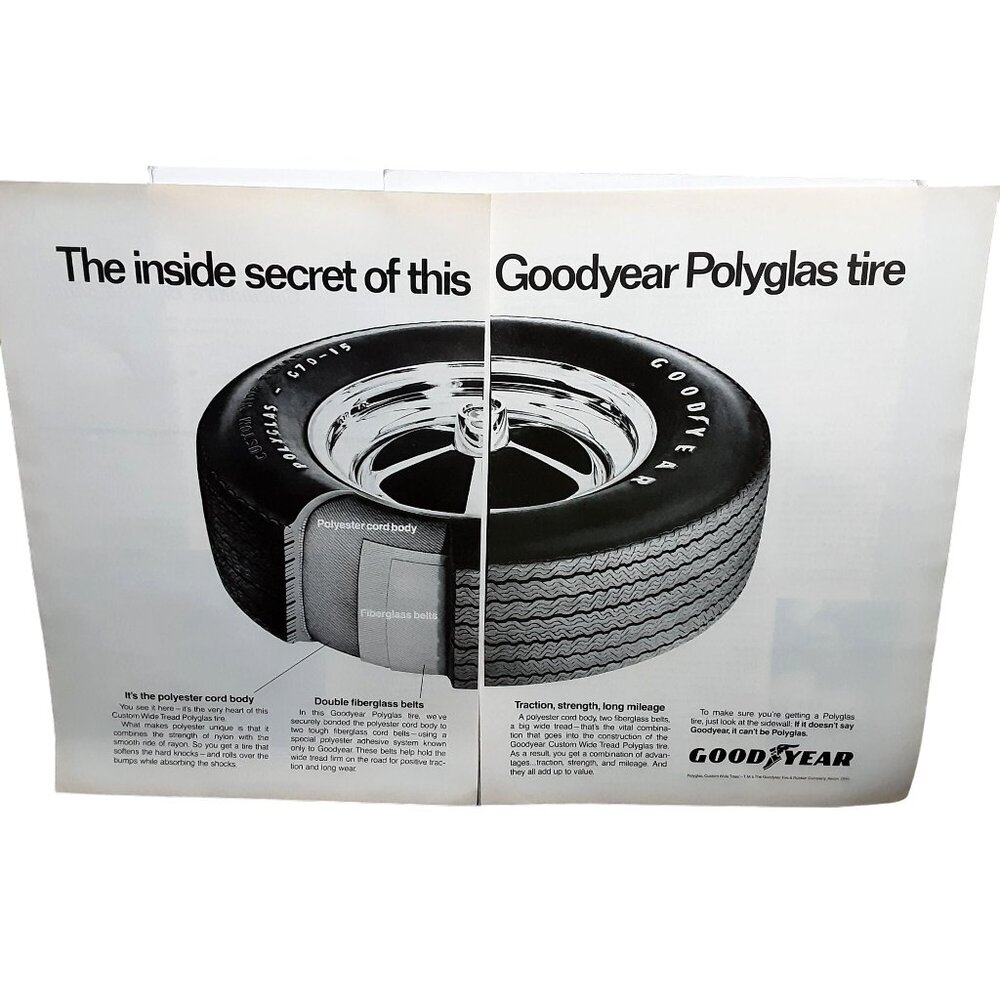 1971 Goodyear Polyglas Tire 2 Page Original Print Ad vintage
